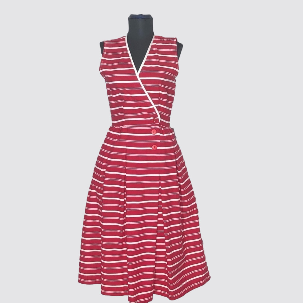 Vintage 80s Lucy Red and White Striped Cotton Nautical Midi Dress S